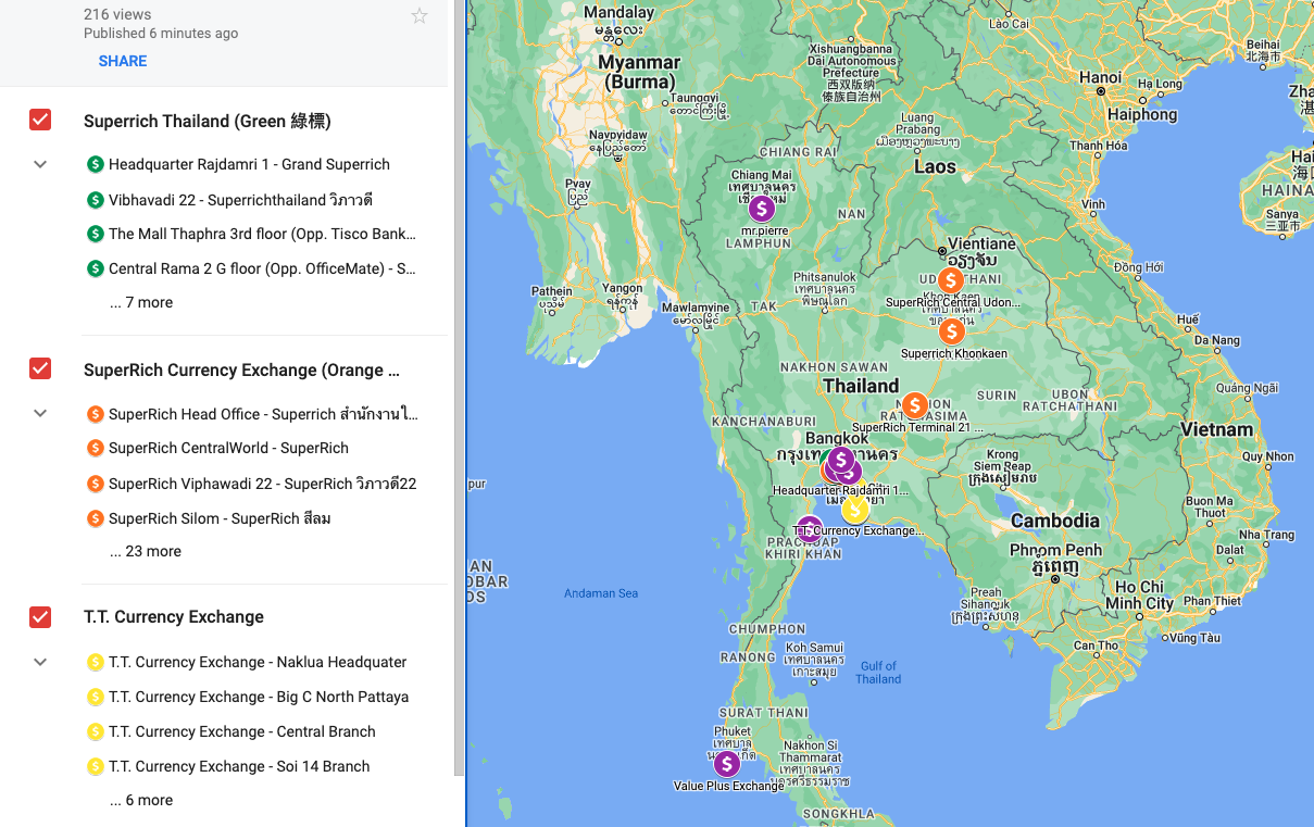 Mapa de lugares populares para cambiar divisas en Tailandia