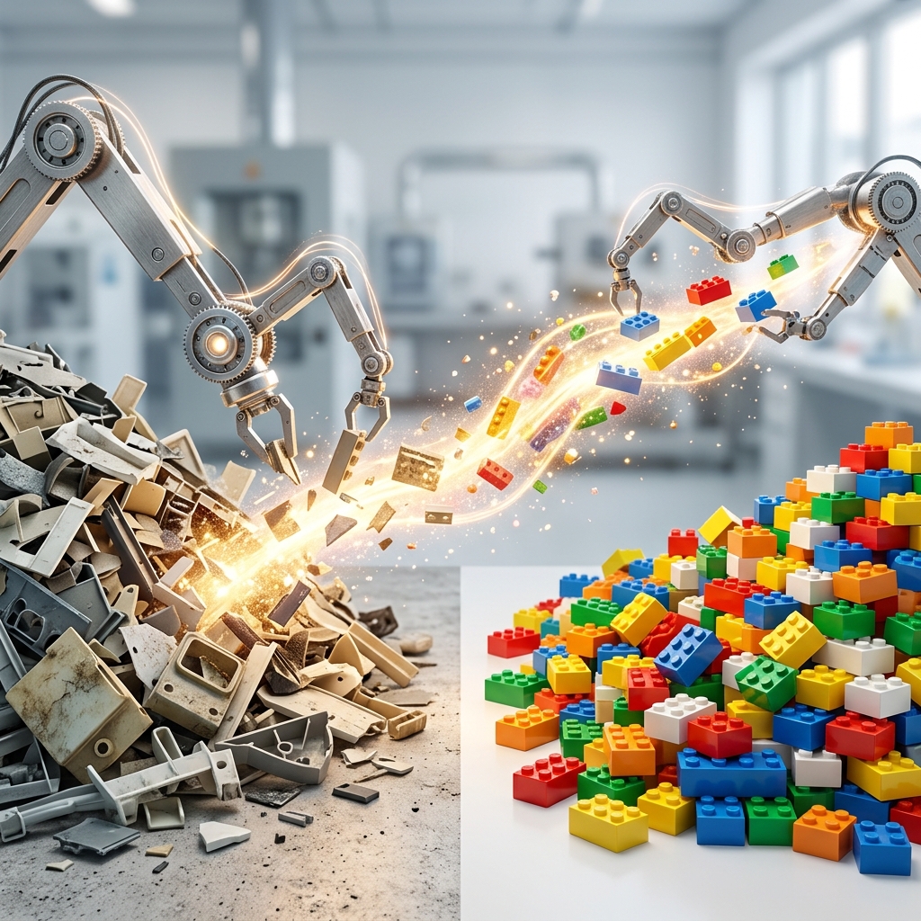 Analogie des chemischen Recyclings mit Bausteinen