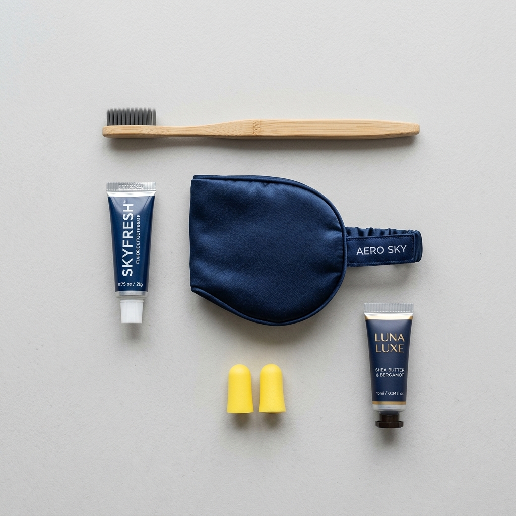 ของใน Amenity Kit มักประกอบด้วยแปรงสีฟัน ผ้าปิดตา ที่อุดหู และผลิตภัณฑ์บำรุงผิว