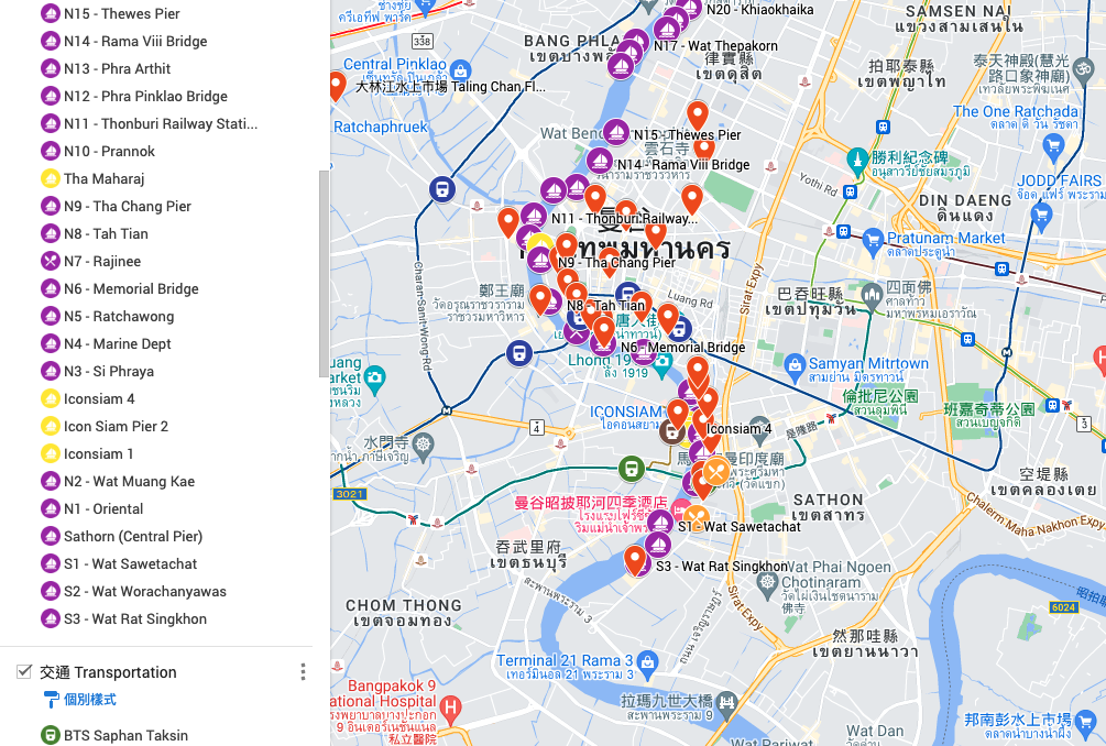 Mapa dos Piers de Barco do Rio Chao Phraya em Bangkok, Tailândia Thailand Bangkok Chao Phraya Boat Pier Map